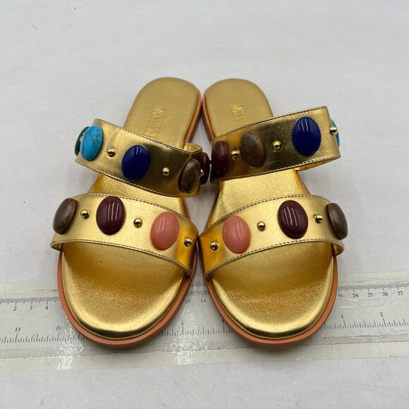 miss left Gold Jewelled Two Straps Open Toe Soft Insole Slip on Slide Sandals - Picture 3 of 8